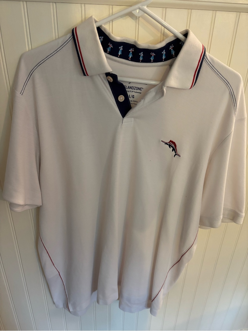 Tommy Bahama White Polo with Red & Navy Accents